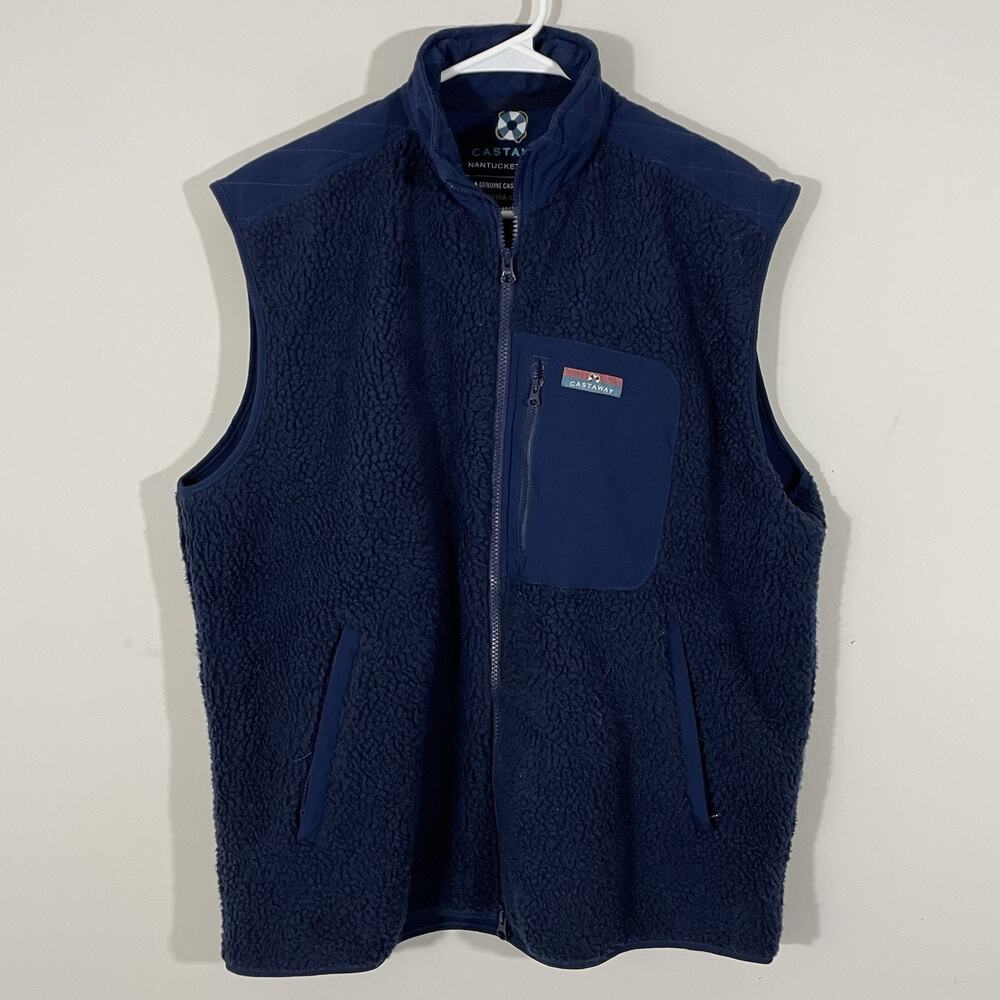 Castaway Nantucket Island Navy Sherpa Fleece Full Zip Vest Men’s XL Blue TOG